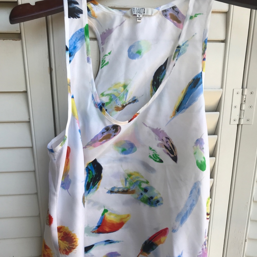 Silk sheer feather print racer back tank